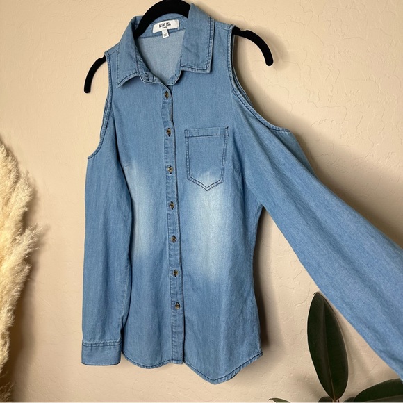 Denim Chambray Cold Shoulder Button Down Shirt, Size small - Picture 3 of 14